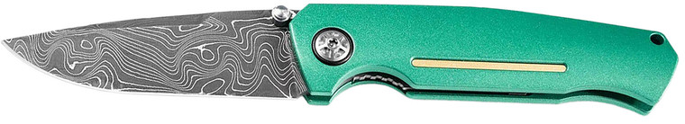 Boker 111102dam 3.22 Drop Point Plain Damascus Blade Green Aluminum Handle - 111102DAM