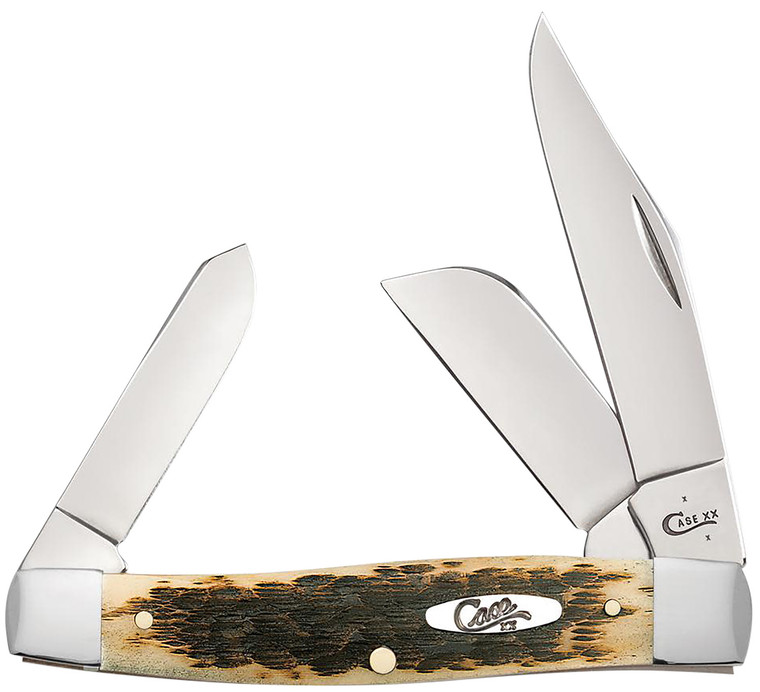 Case 00204 Stockman Large 3.302.302.20 Folding Clip Pointpensheepsfoot Plain Mirror Polished Carbon Steel Blade Peach Seed Jigged Amber Bone Handle - 204