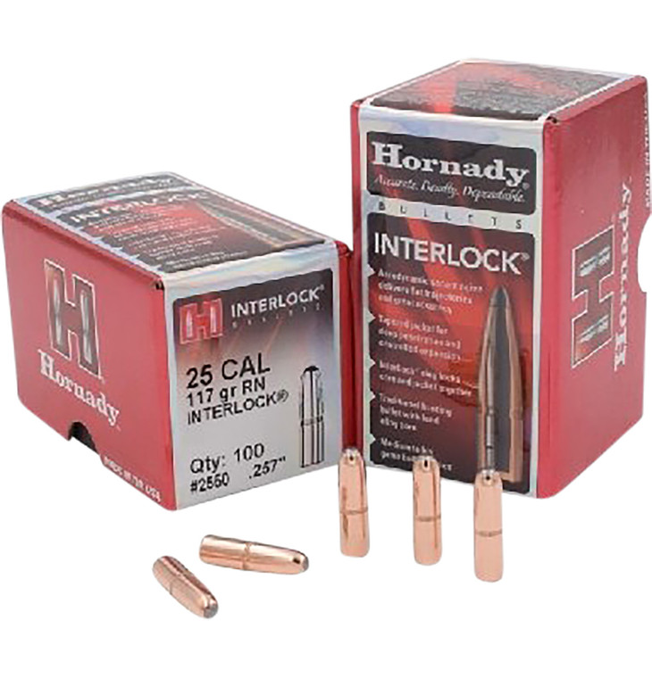 Hornady 2550 Interlock 25 Cal .257 117 Gr Round Nose 100 Per Box 25 Case - 2550
