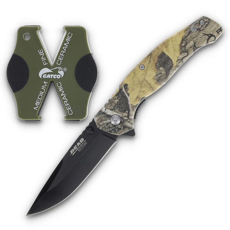 Bear & Son Edge Brisk 2.0 Folding Knife & Sharpener Combo Drop Point Blade Brown Camo - 71827