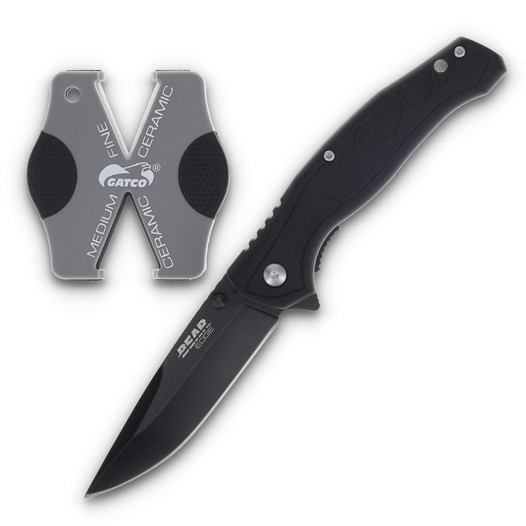 Bear & Son Edge Brisk 2.0 Folding Knife & Sharpener Combo Drop Point Blade Black - 71831