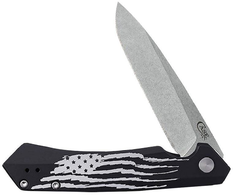 Case 10857 Kinzua Folding Spear Point Plain Stonewashed S35vn Ss Blade Black Anodized Wus Flag Aluminum Handle