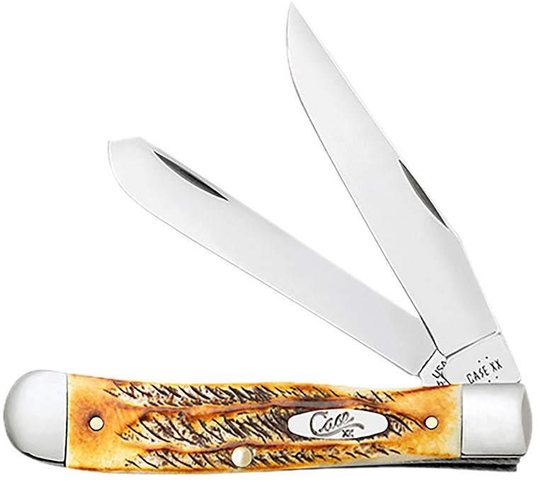 Case 65345 Trapper 3.25 Folding Clip Pointspey Plain Mirror Polished Trusharp Ss Blades Burnt Dark Amber 6.5 Bonestag Handle Includes Pocket Clip