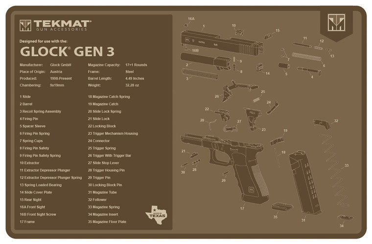 Tekmat Tekr17glockg3fde Glock Gen 3 Cleaning Mat Flat Dark Earth Rubber 11x17 Glock Gen 3 Parts Diagram