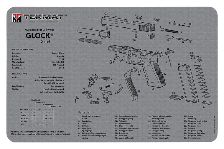 Tekmat Tekr17glockg4gy Glock Gen 4 Cleaning Mat Gray Rubber 11x17 Glock Gen 4 Parts Diagram
