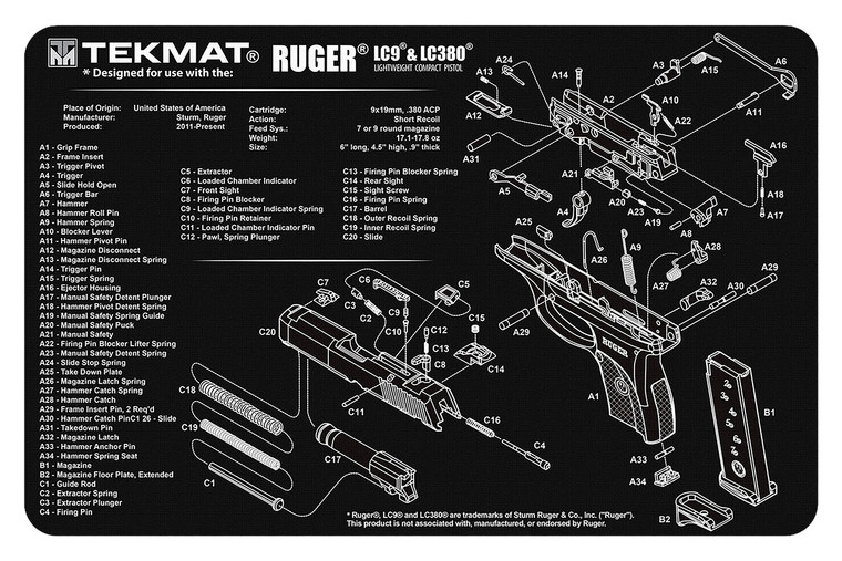 Tekmat Tekr17rugerlc9 Ruger Lc9 Cleaning Mat Blackwhite Rubber 11x17 Ruger Lc9 Parts Diagram