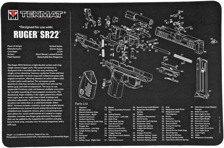 Tekmat Tekr17rugersr22 Ruger Sr22 Cleaning Mat Blackwhite Rubber 11x17 Ruger Sr22 Parts Diagram