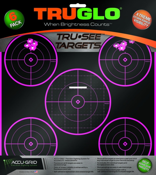 TRUGLO TG-TG11P6 Tru-See Target - 5-Bull 12x12 6Pk - Pink - TG-TG11P6