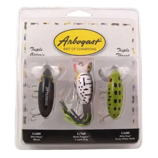 Arbogast Triple Threat G600 Black, G760 Coach Dog, G600 Frog White Belly