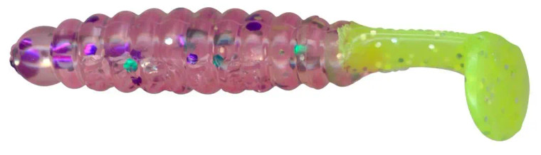 Charlie Brewers 1.5" Crappie/Panfish Slider Grubs 18/pk - Cotton Candy Chartreuse Tail