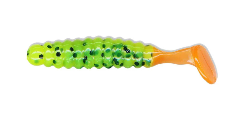 Charlie Brewers 1.5" Crappie/Panfish Slider Grubs 18/pk - Chartreuse Black Flake/Orange Tail