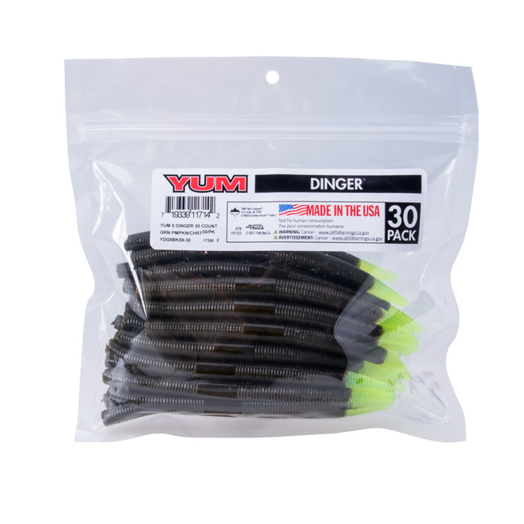 Yum 5" Dinger Bulk 30pk - Green Pumpkin/Chartreuse Tail