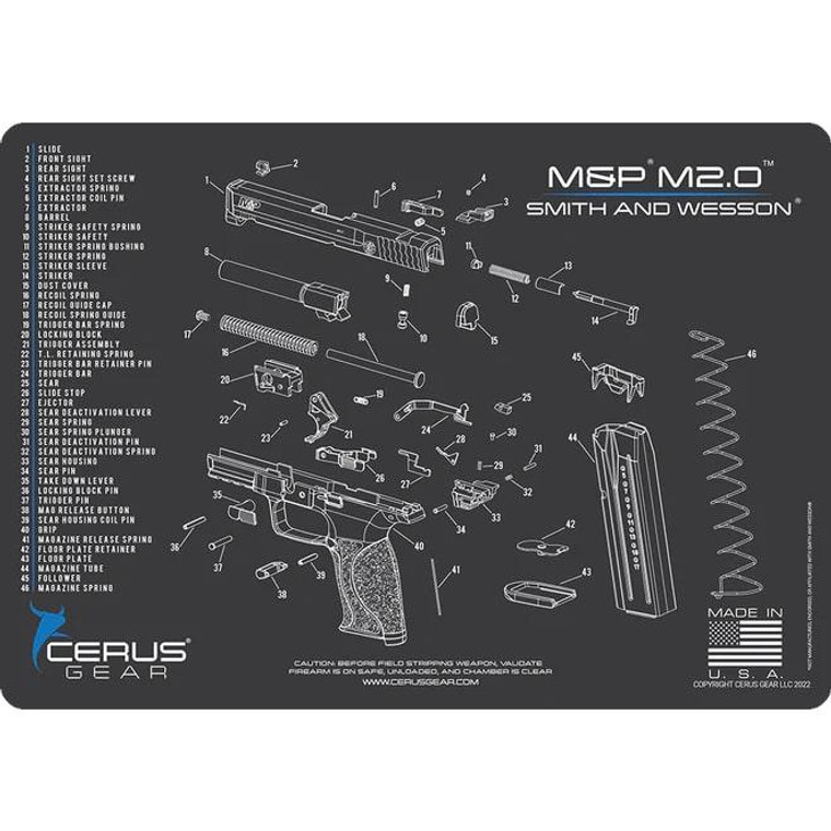 Cerus Gear Smith & Wesson M&P M2.0 Handgun Schematic Cleaning Mat 12x17 Grey and Blue - HM-SW-MP-2.0-SCH-GRY