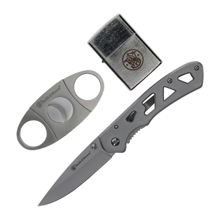 Smith & Wesson Folding Knife Cigar Cutter and Lighter Combo 3" Drop Point Blade Silver - 1227074