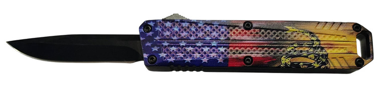 Xcaliber Knife Company Dont Tread on Me Small 2.75 OTF Drop Point Plain Black 440C SS Blade 4.15 US Flag Aluminum Handle