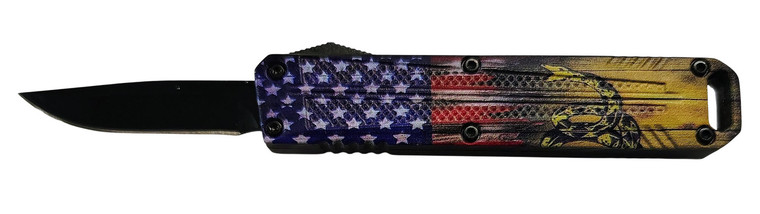 Xcaliber Knife Company Drop Point Mini 1.80 OTF Drop Point Plain Black 440C SS Blade 3.52 US Flag Aluminum Handle