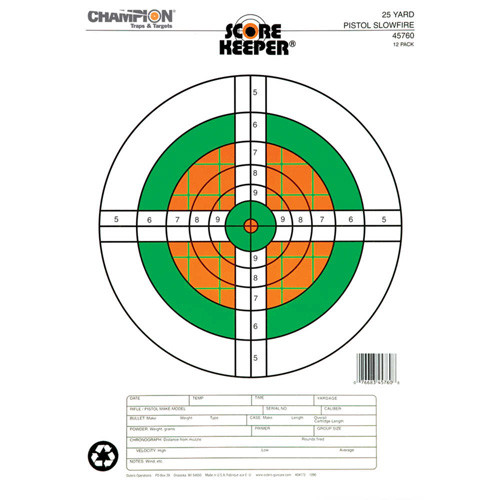 Champion - Scorekeeper Targets - Fluorescent Orange & Green Bull - 25 Yd. Pistol Slowfire (12 Pack) - 45760