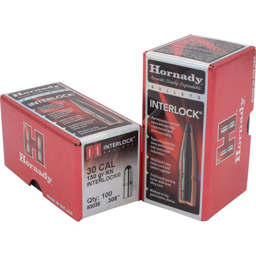 Hornady - Interlock Bullets - 30 Cal, 150 Gr, Rn, 100/bx - 3035