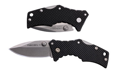 Cold Steel Micro Recon 1, Folding Knife, 2" Spear Point Blade, 4.375" Overall Length, 4034 Stainless Blade Steel, Plain Edge, Stonewash Finish, Silver, Black Griv-Ex Handle, Tri-Ad Lock CS-27DS