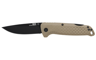 SOG Knives & Tools Adventurer, Folding Knife, 3.5" Clip Point Blade, 7.50" Overall Length, 5Cr15MoV Steel, Titanium Nitride Finish Blade Steel, Straight Edge, Black, Flat Dark Earth Glass-Reinforced Nylon Handle, SAT Opener, Lock Back SOG-13-11-05-43