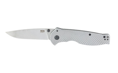 SOG Knives & Tools Flash II FL, Folding Knife, 3.4" Drop Point Blade, 8Cr13MoV Blade Steel, Straight Edge, Satin Finish, Silver, Silver Stainless Steel Handle, Thumb Stud Opener, Frame Lock SOG-14-18-01-57