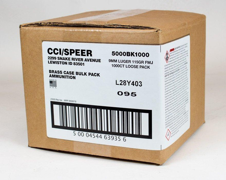 CCI Blazer Brass Handgun Ammunition 9mm Luger 115gr FMJ 1145 fps 1000/ct Loose Bulk Pack - 5000BK1000