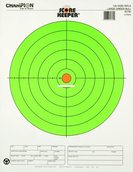 Champion 45795 Scorekeeper 100Yd - Rifle Target, 8" Large Green Bull - 45795