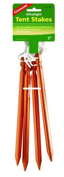 Coghlans 1000 Ultralight 9" Orange - Anodized Alum Tent Stakes 4Pk - 1000