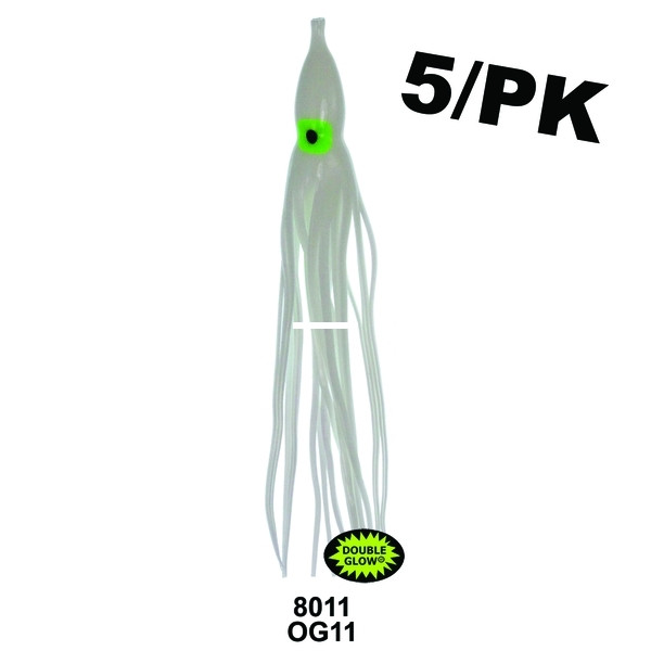 Yamashita 1080-8011 Squid Hoochy, 4 - 1/2", Glow White & Green Eye, 5/Pack - 1080-8011