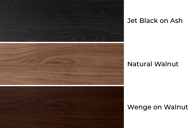 Finishes: Jet Black on Ash, Natural Walnut, and Wenge on Walnut