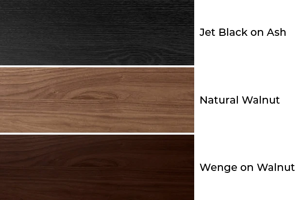 Finishes: Jet Black on Ash, Natural Walnut, and Wenge on Walnut