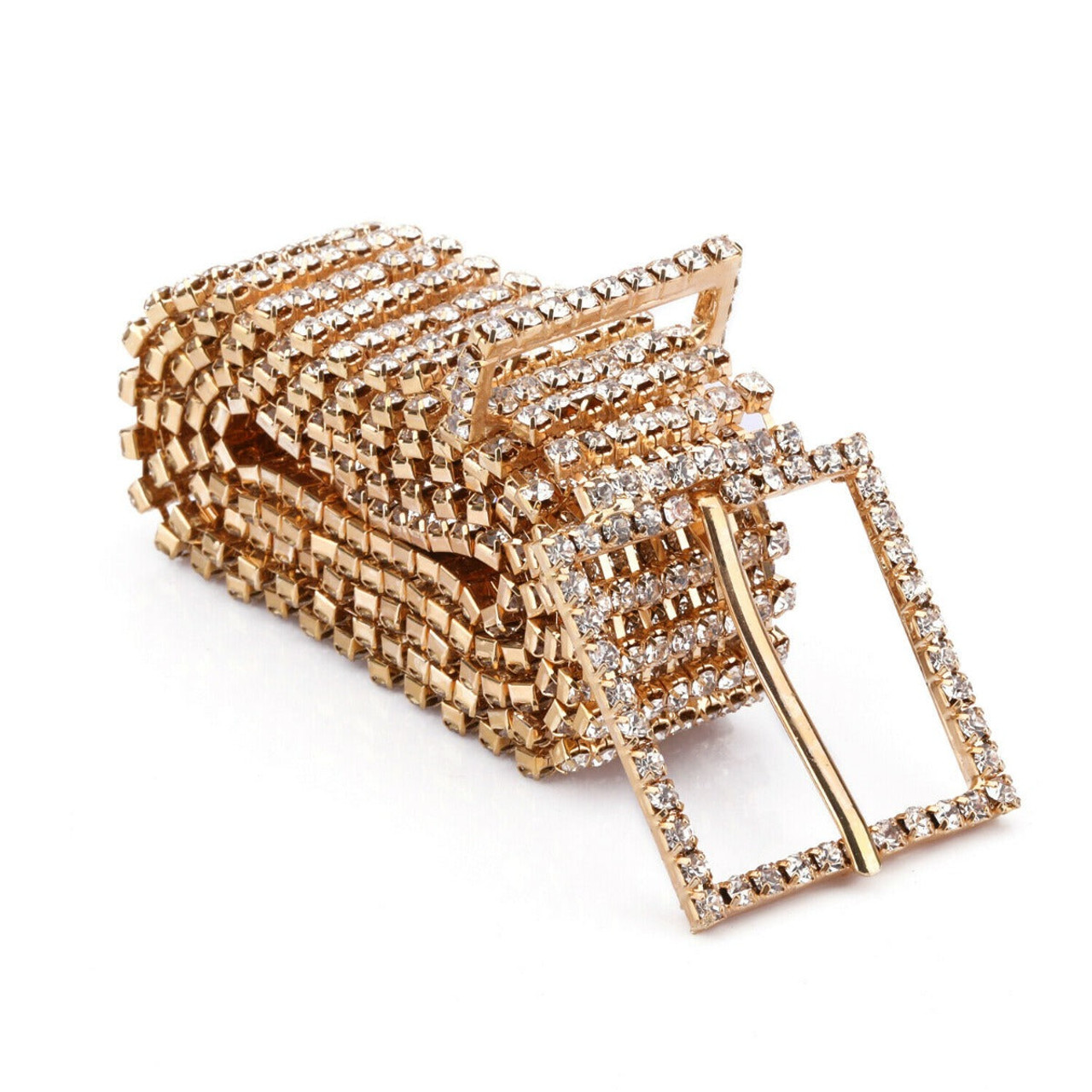 35mm Women's Bling Belt 8 Row Clear Crystal Diamante Studded Metal WaistBand - Gold Silver Gunmetal