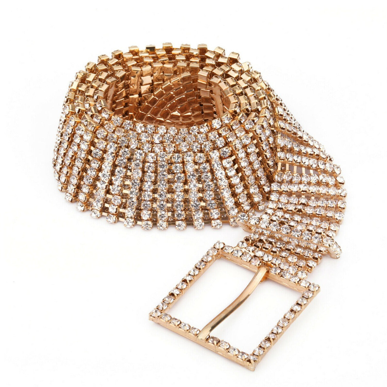 35mm Women's Bling Belt 8 Row Clear Crystal Diamante Studded Metal WaistBand - Gold Silver Gunmetal