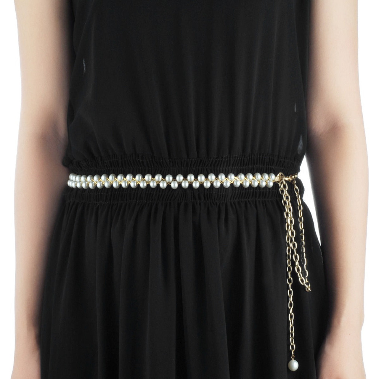 40" 2 Long Rows Gold Waist Chain Belt with White Pearl for Women Fashion Accessory