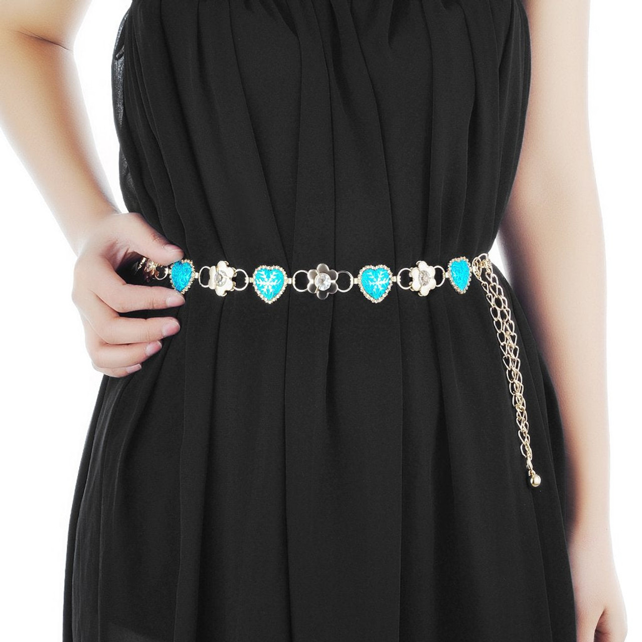 Women's Rhinestone Diamond Design Waist Chain Belt with Hearts & Flowers Fashion Accessory - White Blue Pink