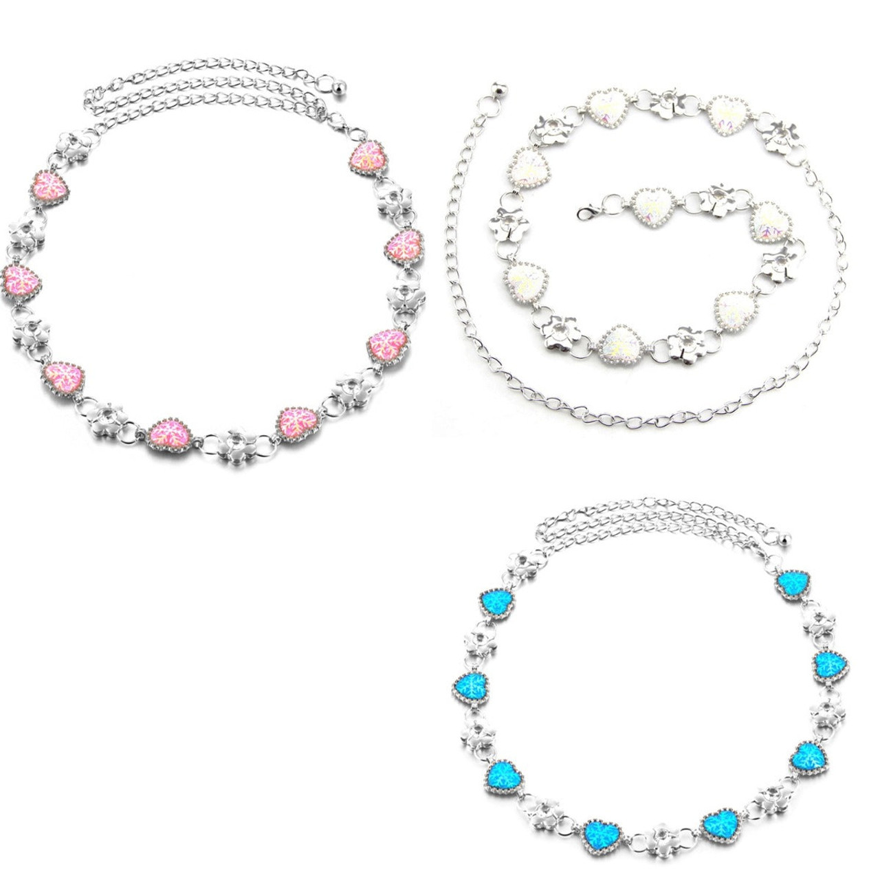 Women's Rhinestone Diamond Design Waist Chain Belt with Hearts & Flowers Fashion Accessory - White Blue Pink