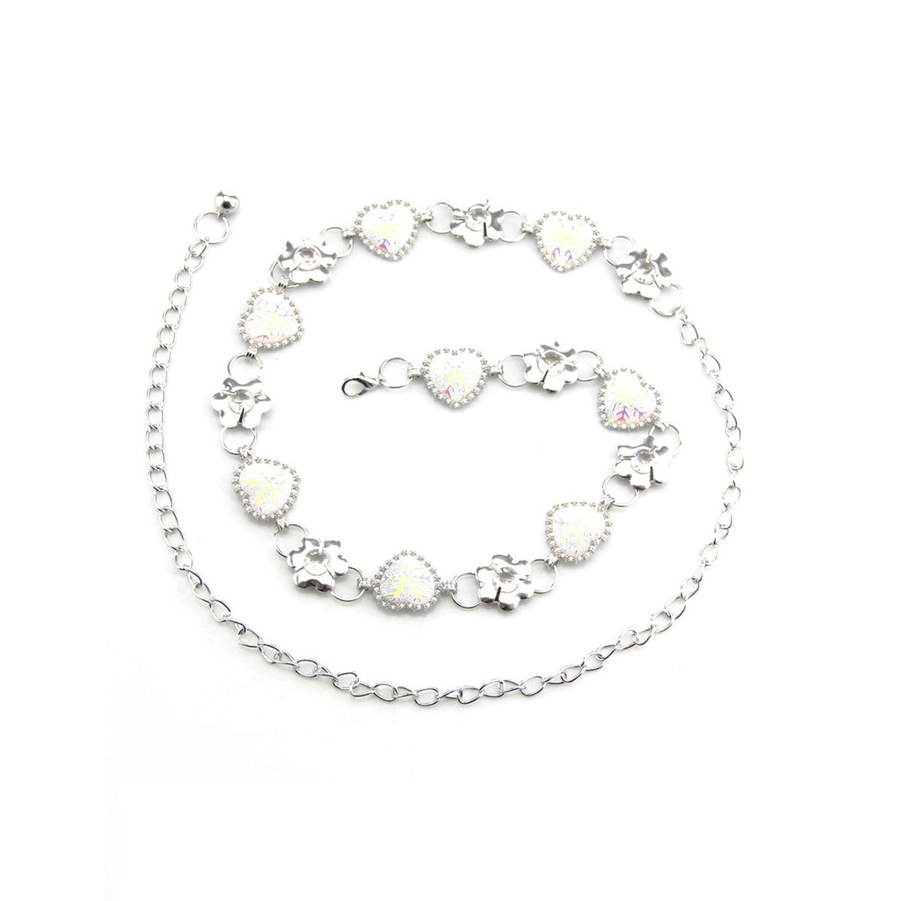 Women's Rhinestone Diamond Design Waist Chain Belt with Hearts & Flowers Fashion Accessory - White Blue Pink