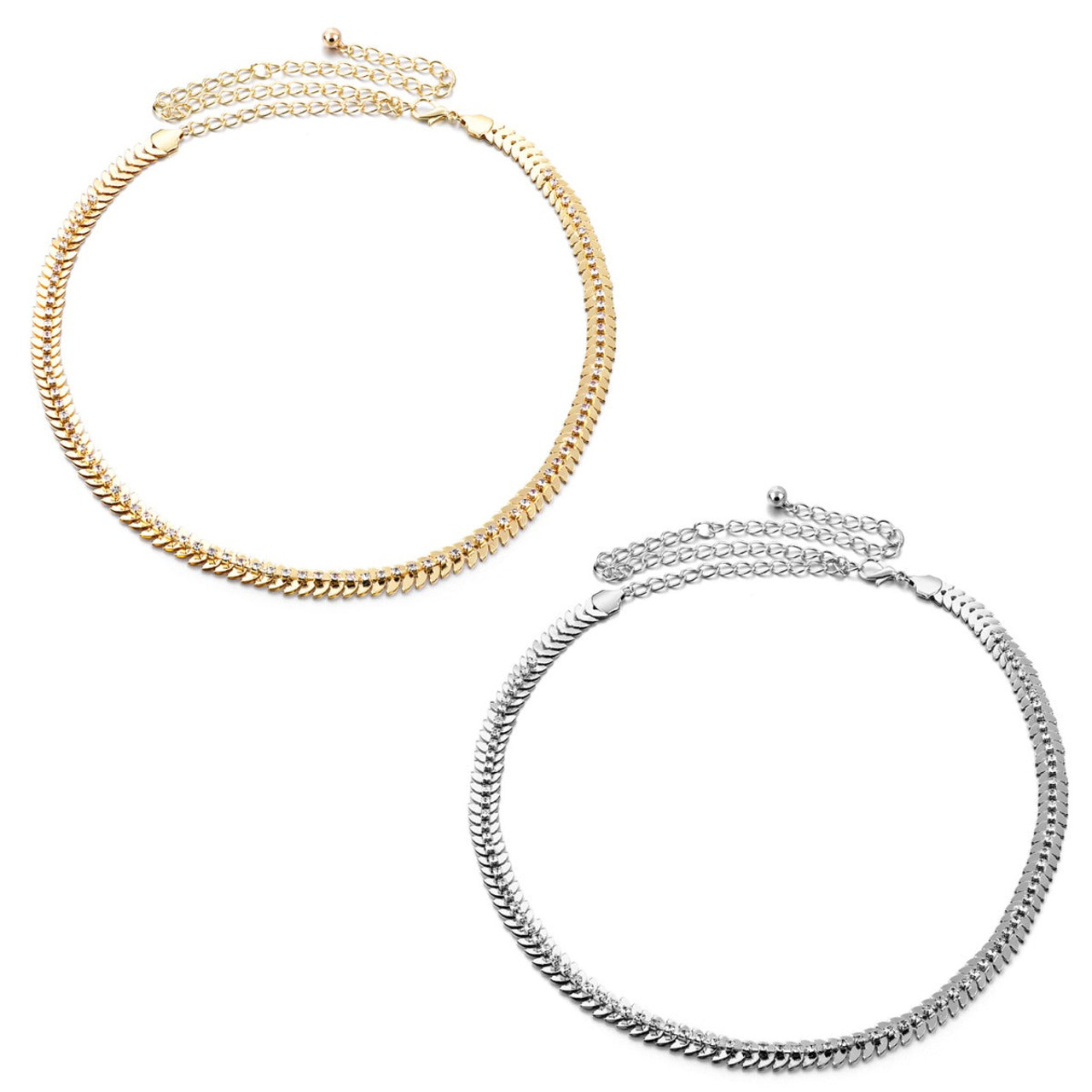 45" Folded Half Round Diamante Waist Chain Belts for Women Fashion Accessory - Gold Silver