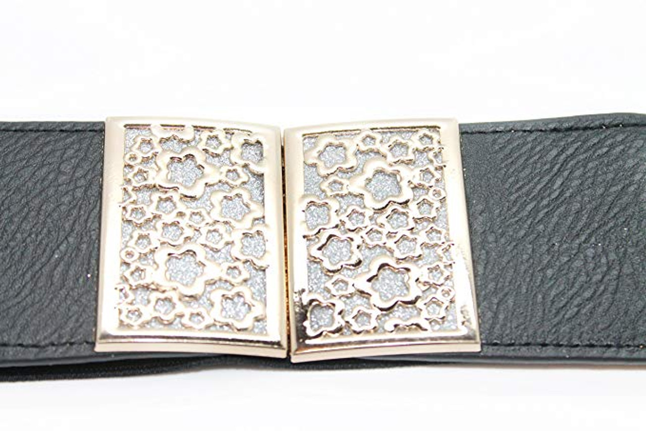 Leather Elasticated / Stretchable Broad Rectangle Stars Clip-ons Black Waist Belt- Women Fashion Accessory-2 Inch Wide