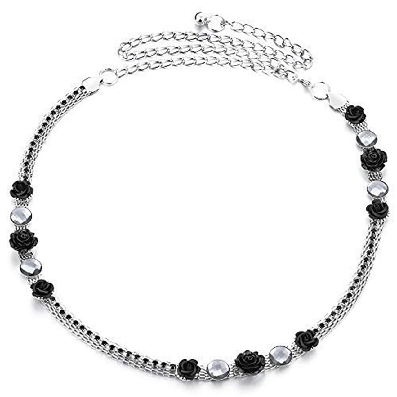 47" Diamante Rhinestone and Black Rose Flower Design Waist Chain Belts for Women Fashion Accessory