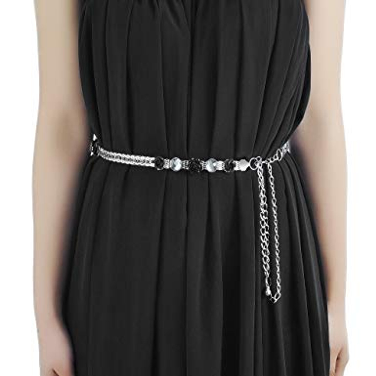 47" Diamante Rhinestone and Black Rose Flower Design Waist Chain Belts for Women Fashion Accessory
