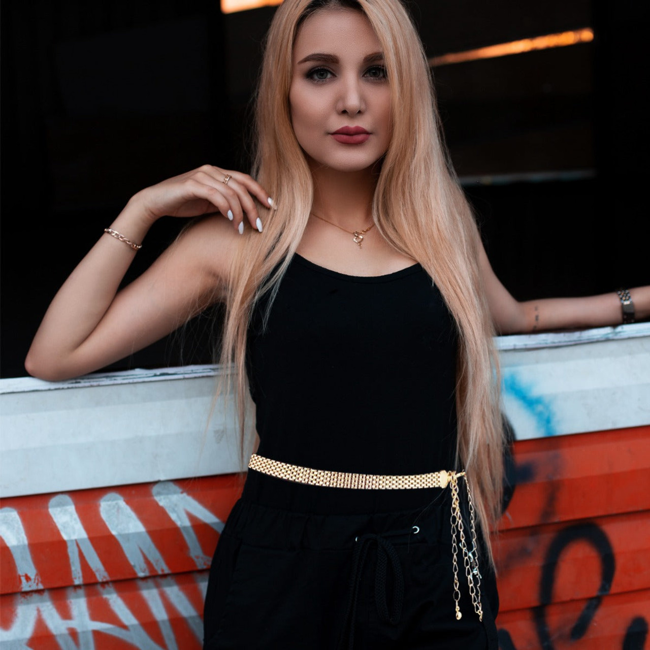 44" Gold Brick Shape Design Chain Waist Belt Women Fashion Accessory