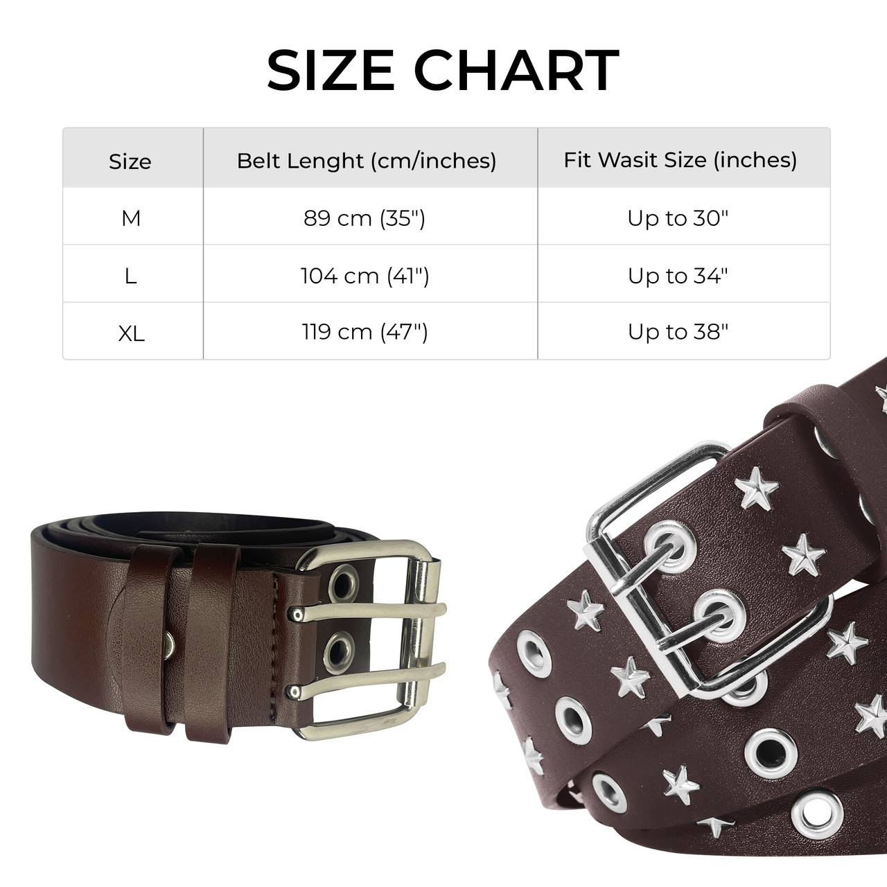 Brown Double Grommet & Star Stud PU Leather Waist Belt