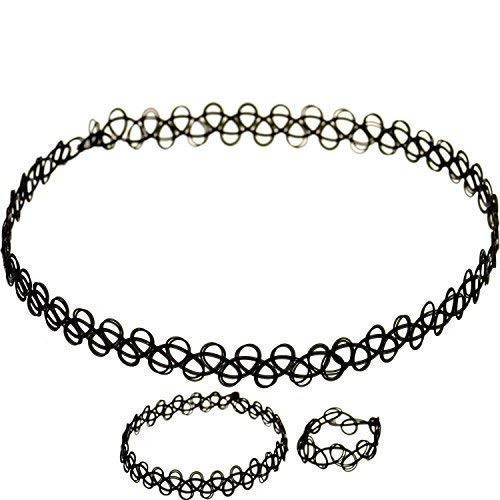 Women's Tattoo Choker Black Necklace, Bracelet Ring Set (3 Pc Set)
