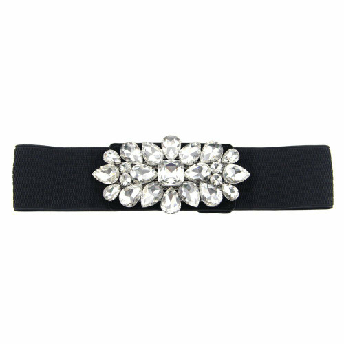 Black Women's Ladies Elasticated Waist Belt with Diamante Buckle