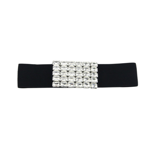 Women's Black Elasticated Waist Belt with Diamante Buckle for Fashion Accessory