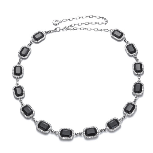 45" Crystal Black Stone Silver Chain Waist Belt for Women's Fashion Accessory
