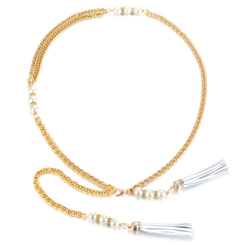 Women's Long Gold Chain Waist Belt with Pearl Beads for Fashion Accessory