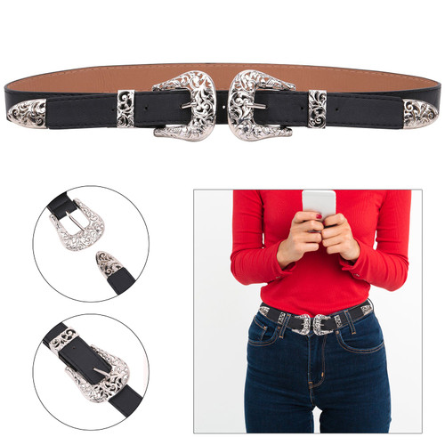 Women's Black Waist Belt with Double Buckle Belt for Fashion Accessory