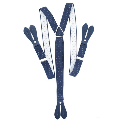 25mm, Button Hole Men's Suspenders Y Shape Adjustable Heavy Duty Elastic Braces for Trousers, Fashion Accessory, Navy with white dots